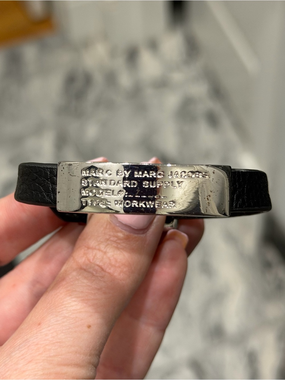 Marc by Marc Jacobs Black Leather Bracelet with Silver-Tone Plate